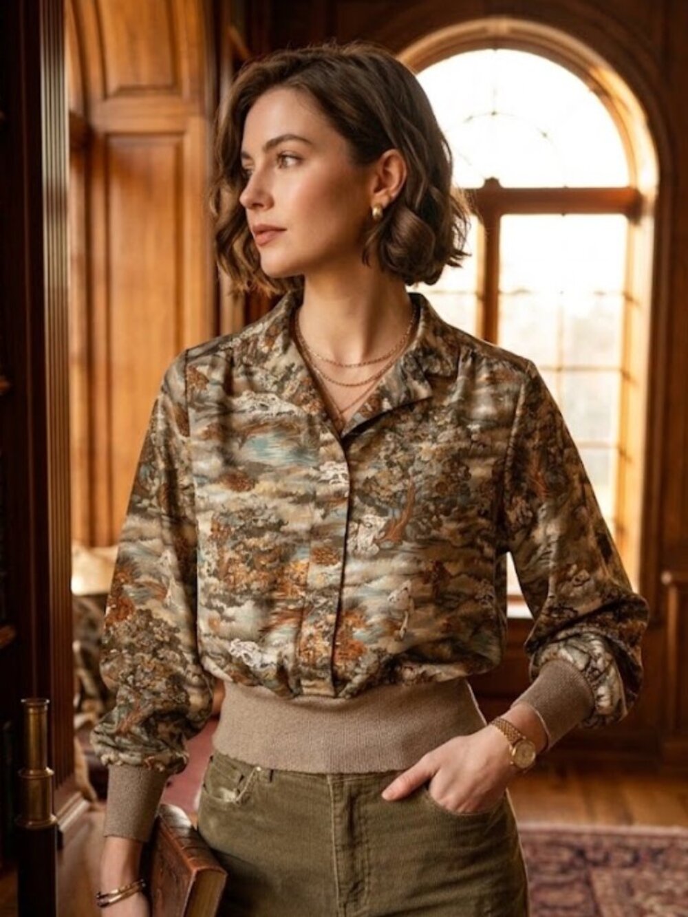 Vintage Castleberry ILGWU Hunting Dogs Scenic Jacquard Blouson Blouse 10 Brown